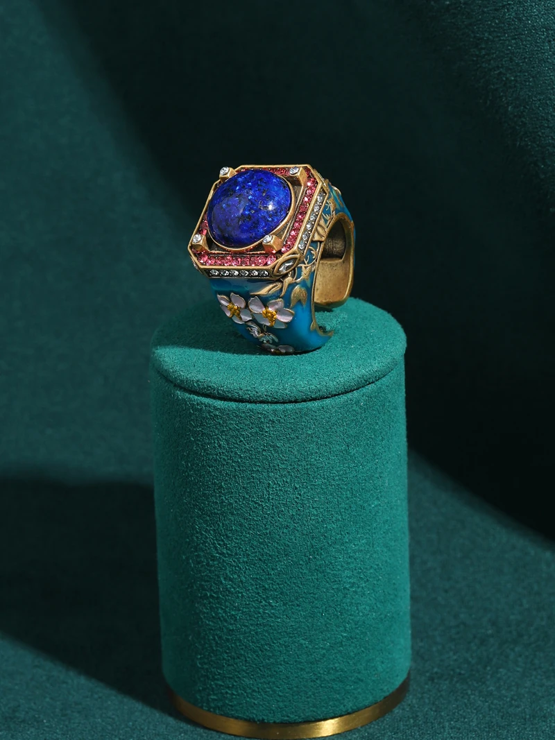 Women Vintage Square Red Blue Rhinestone Flower Rings Lapis Lazuli Gold Color High Quality Decoration Gifts For Mother's Day New