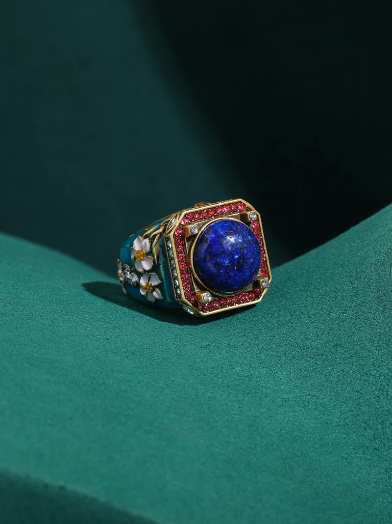 Women Vintage Square Red Blue Rhinestone Flower Rings Lapis Lazuli Gold Color High Quality Decoration Gifts For Mother's Day New