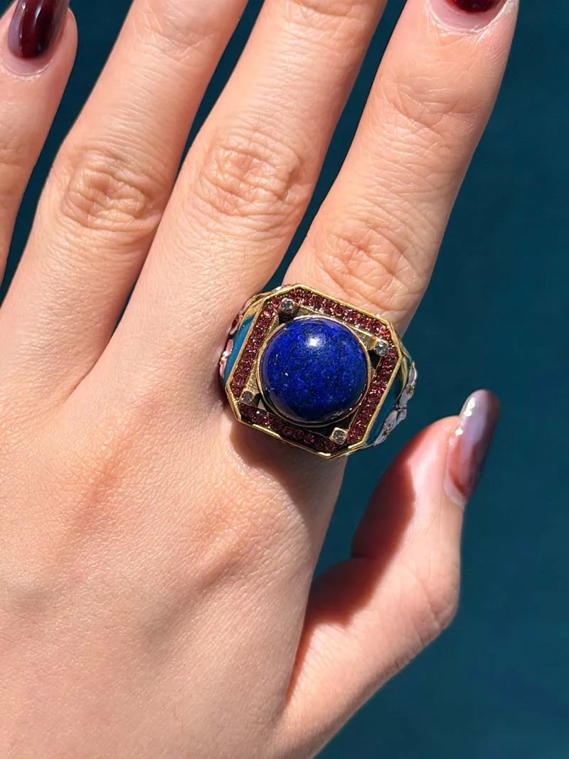 Women Vintage Square Red Blue Rhinestone Flower Rings Lapis Lazuli Gold Color High Quality Decoration Gifts For Mother's Day New