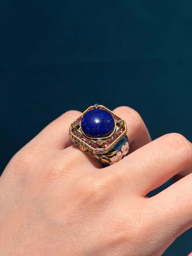 Women Vintage Square Red Blue Rhinestone Flower Rings Lapis Lazuli Gold Color High Quality Decoration Gifts For Mother's Day New