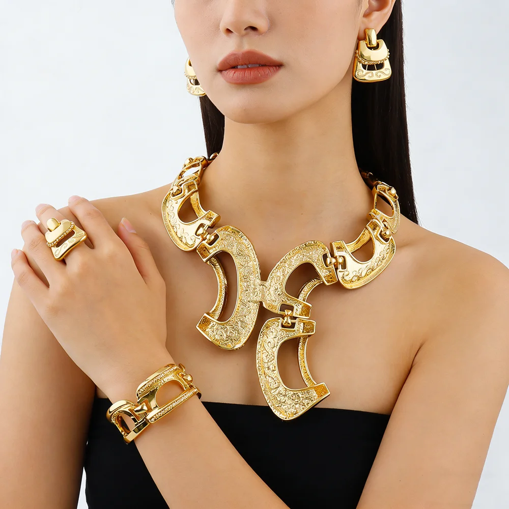 New Exaggerate Jewelry Set Dubai Gold Color Big Necklace Earrings Bracelet Ring Sets Bridal 24k Gold Plated Jewellery Gifts