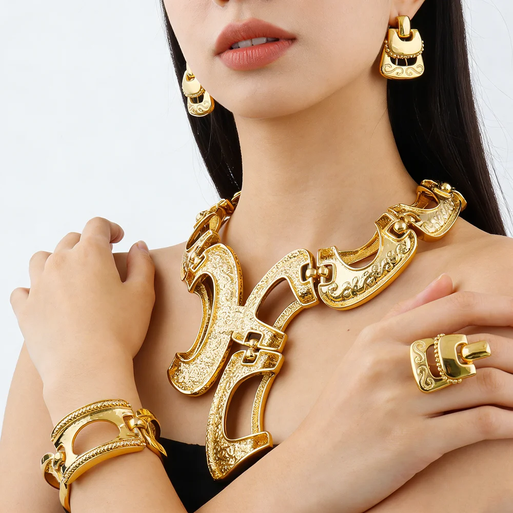 New Exaggerate Jewelry Set Dubai Gold Color Big Necklace Earrings Bracelet Ring Sets Bridal 24k Gold Plated Jewellery Gifts