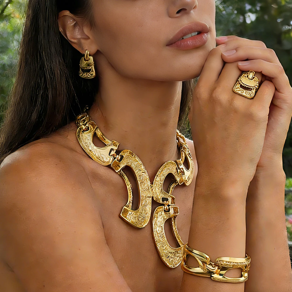 New Exaggerate Jewelry Set Dubai Gold Color Big Necklace Earrings Bracelet Ring Sets Bridal 24k Gold Plated Jewellery Gifts