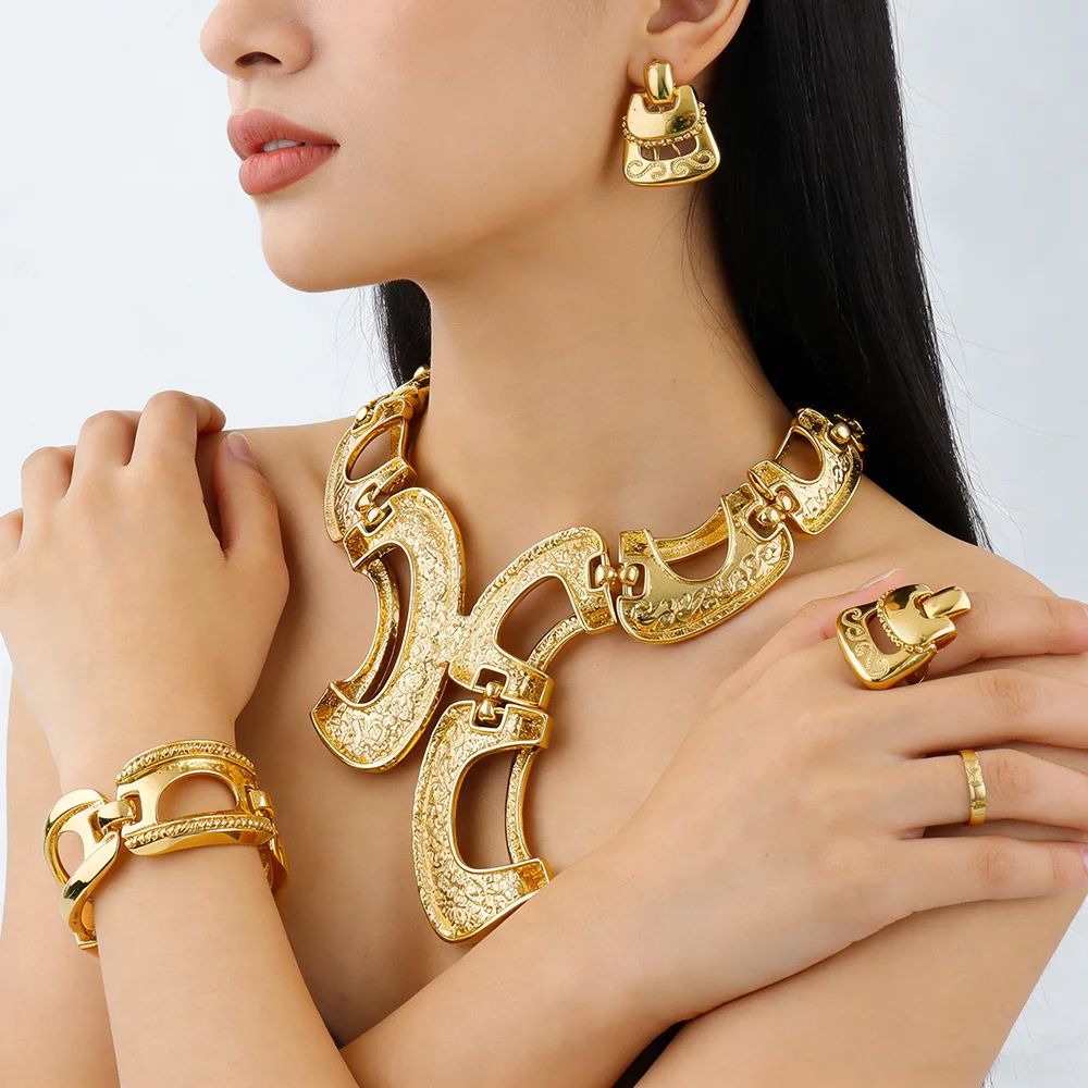 New Exaggerate Jewelry Set Dubai Gold Color Big Necklace Earrings Bracelet Ring Sets Bridal 24k Gold Plated Jewellery Gifts