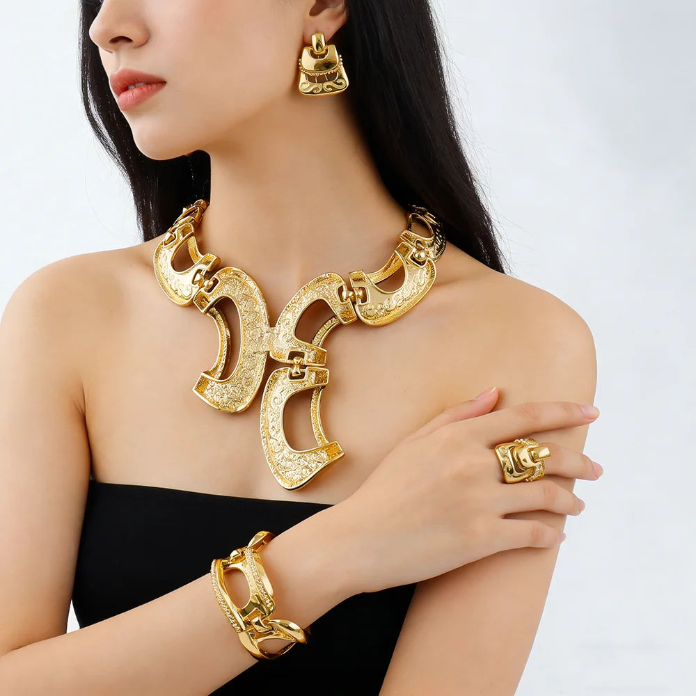 New Exaggerate Jewelry Set Dubai Gold Color Big Necklace Earrings Bracelet Ring Sets Bridal 24k Gold Plated Jewellery Gifts