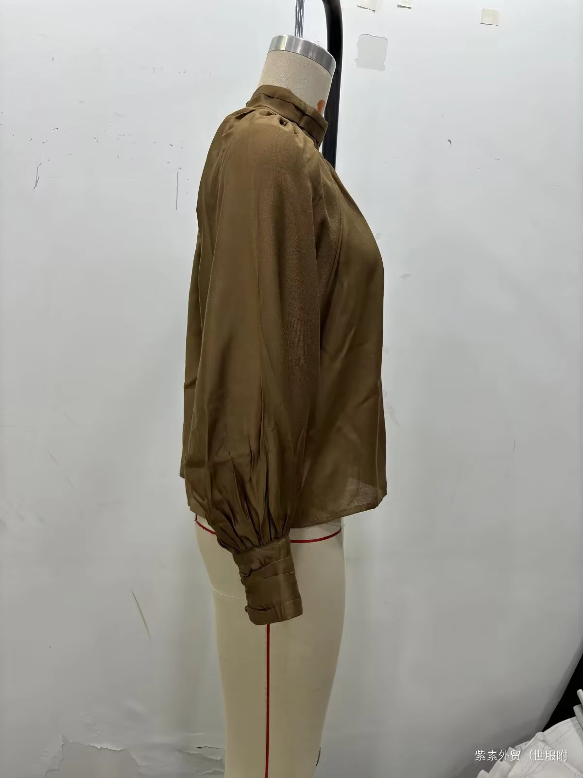 Spring new women's clothing minimalist style stand up collar shoulder inserted lantern long sleeved pleated top