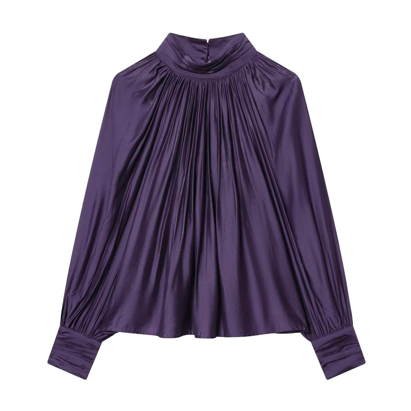 Spring new women's clothing minimalist style stand up collar shoulder inserted lantern long sleeved pleated top