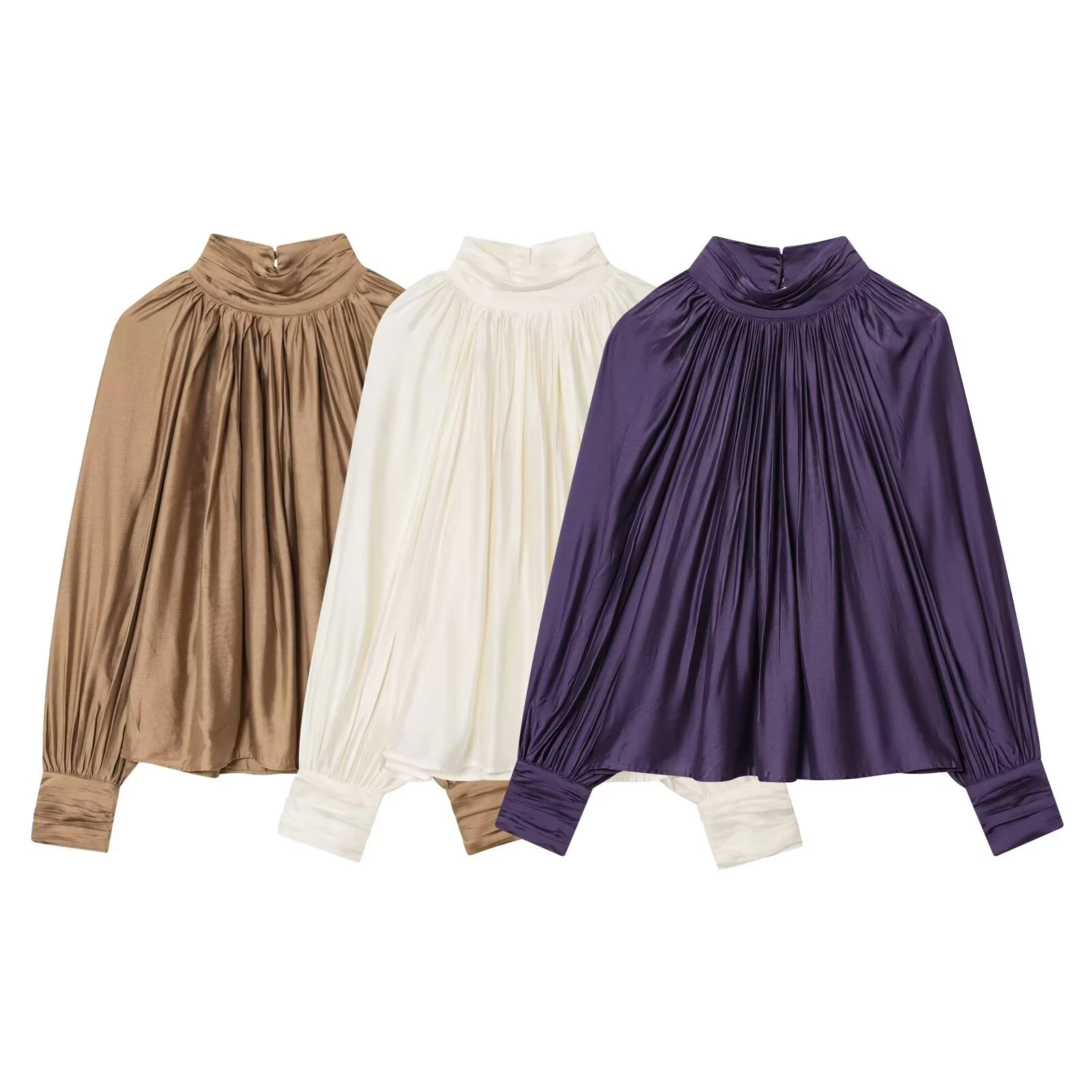 Spring new women's clothing minimalist style stand up collar shoulder inserted lantern long sleeved pleated top