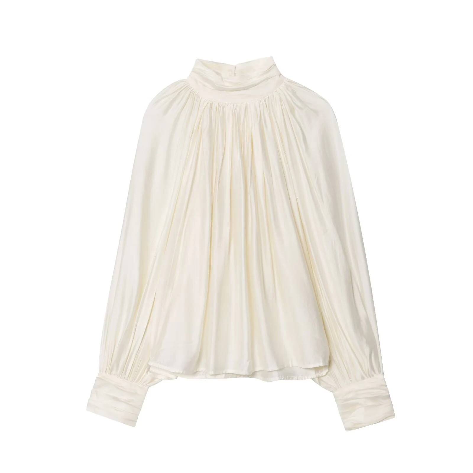 Spring new women's clothing minimalist style stand up collar shoulder inserted lantern long sleeved pleated top
