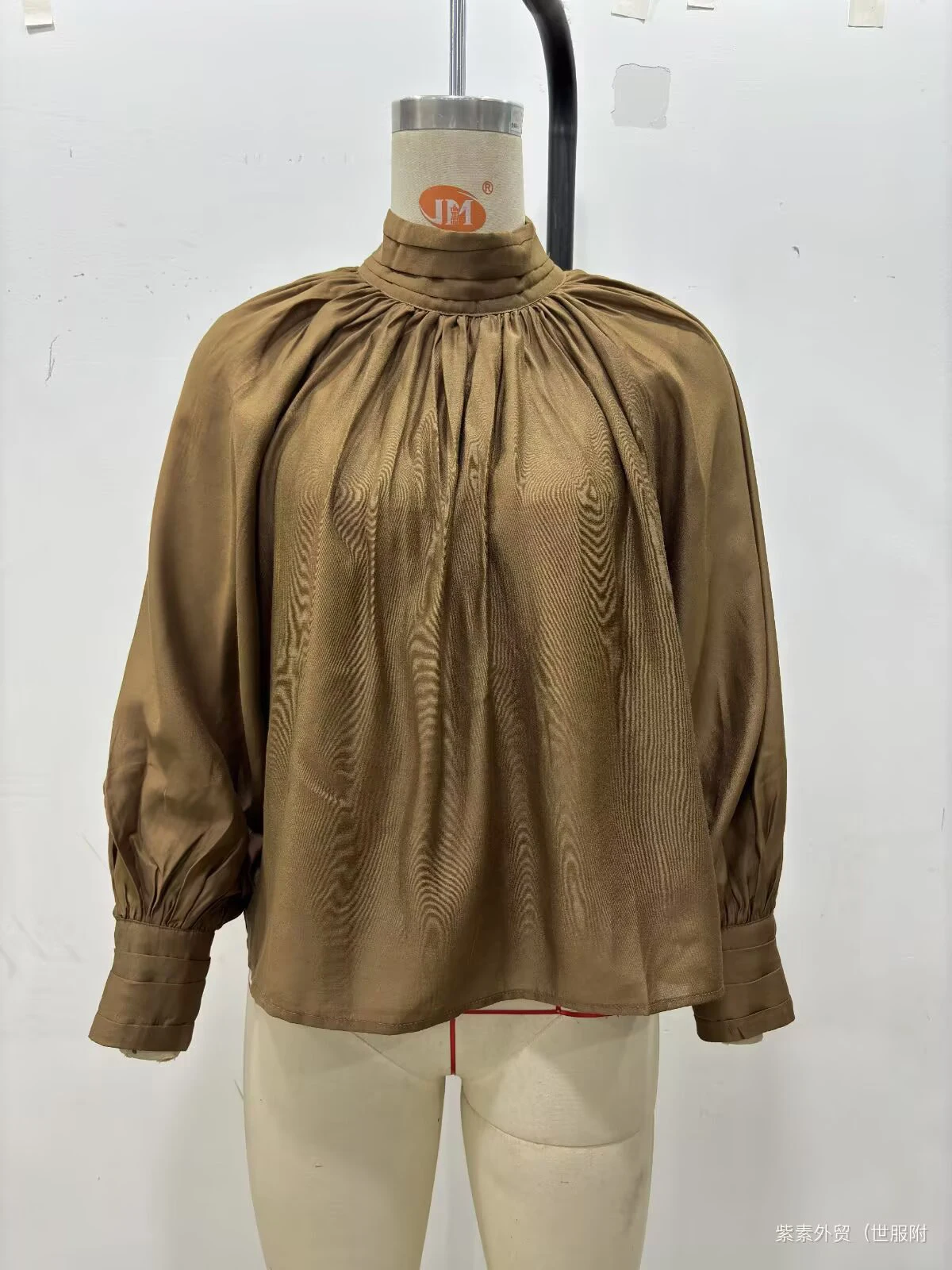 Spring new women's clothing minimalist style stand up collar shoulder inserted lantern long sleeved pleated top