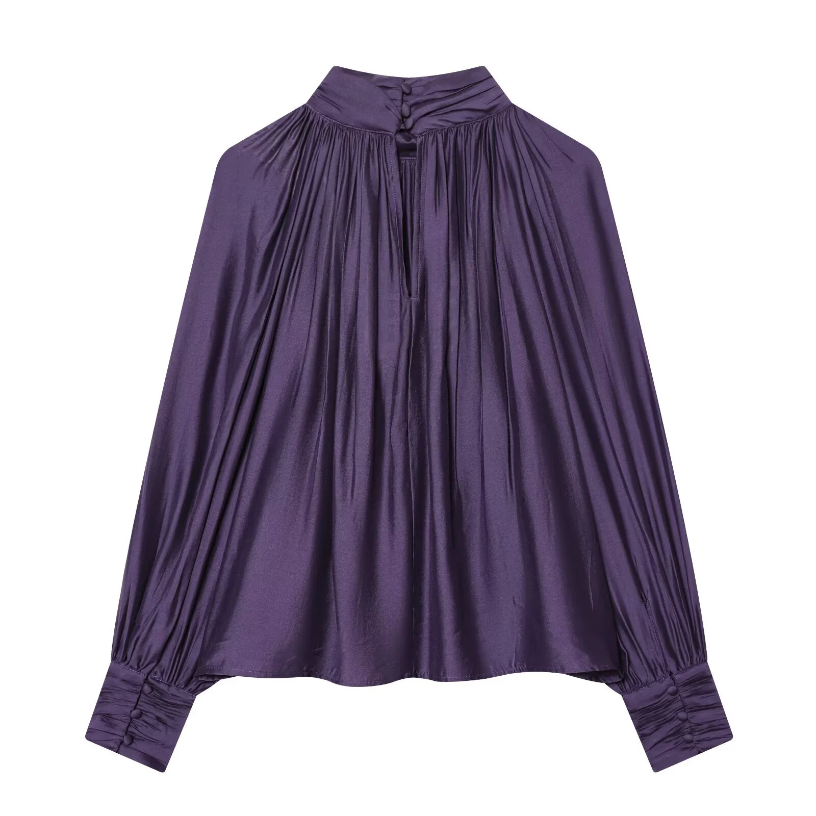 Spring new women's clothing minimalist style stand up collar shoulder inserted lantern long sleeved pleated top