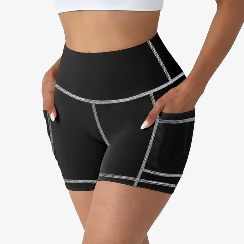 Women High Waist Leggings Yoga Shorts with Pockets Contrast Stitching Butt Lifting High Stretchy Shorts for Gym Fitness Running