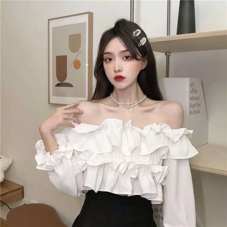 Ruffle Off Shoulder Top Women Elegant Casual Chiffon Long Sleeve Blouse Chic Korean Sweet Spring Summer Crop Top