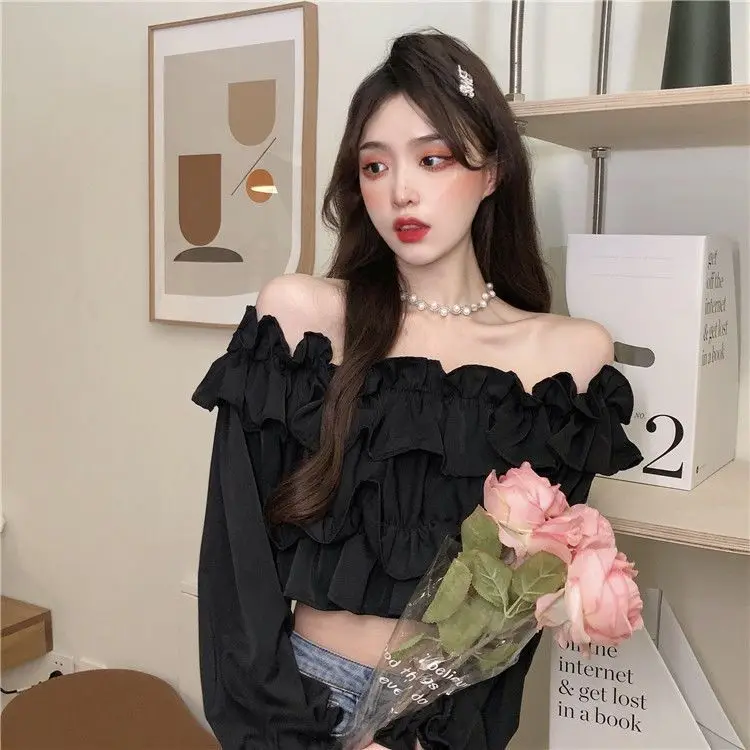 Ruffle Off Shoulder Top Women Elegant Casual Chiffon Long Sleeve Blouse Chic Korean Sweet Spring Summer Crop Top