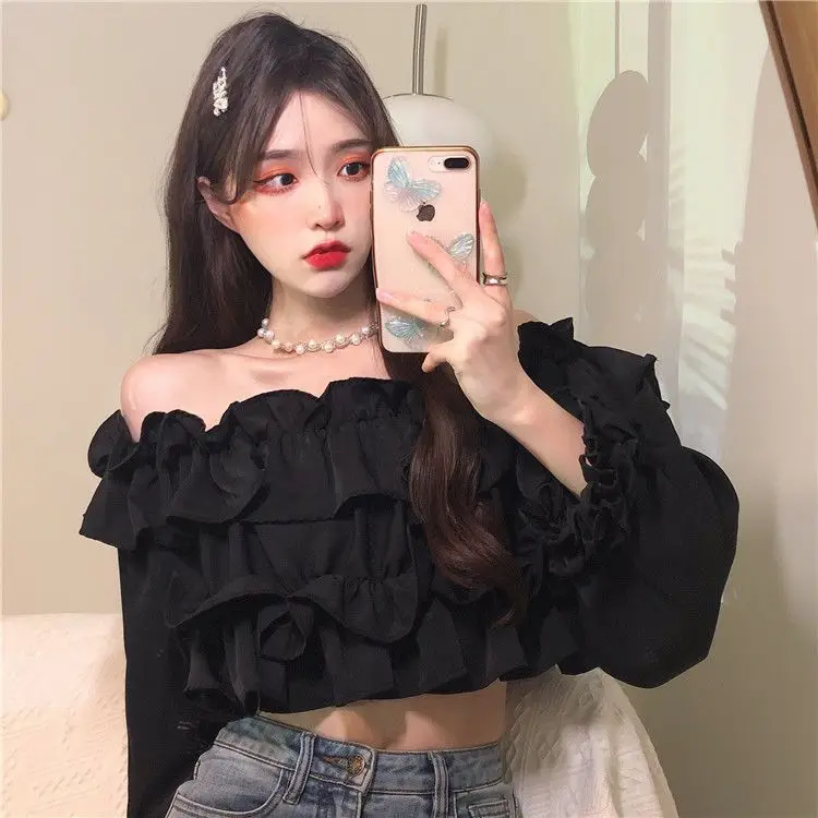 Ruffle Off Shoulder Top Women Elegant Casual Chiffon Long Sleeve Blouse Chic Korean Sweet Spring Summer Crop Top