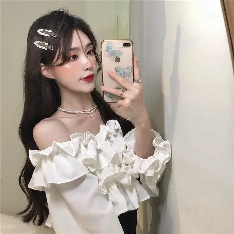 Ruffle Off Shoulder Top Women Elegant Casual Chiffon Long Sleeve Blouse Chic Korean Sweet Spring Summer Crop Top