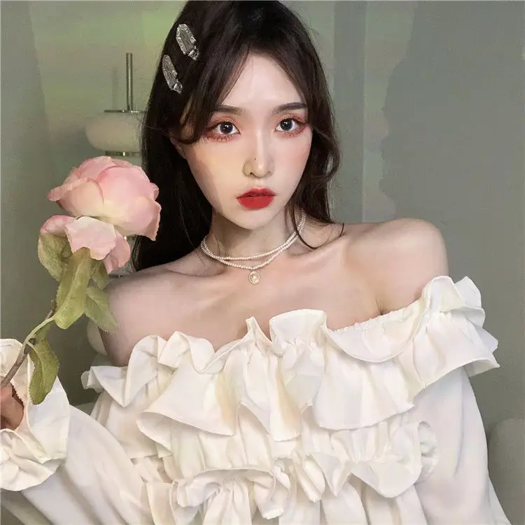 Ruffle Off Shoulder Top Women Elegant Casual Chiffon Long Sleeve Blouse Chic Korean Sweet Spring Summer Crop Top
