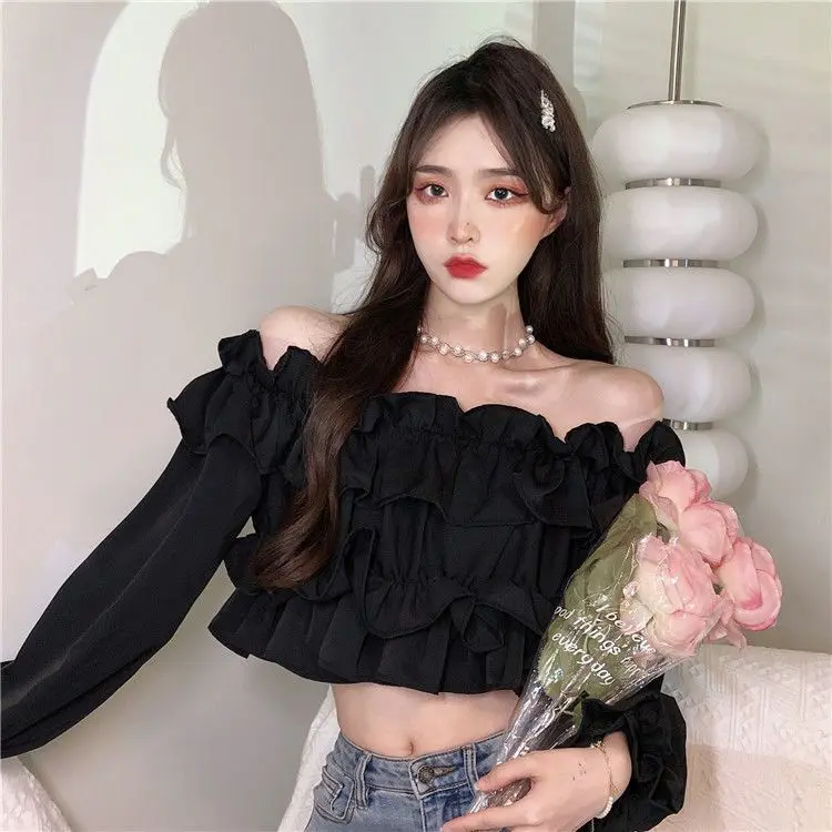 Ruffle Off Shoulder Top Women Elegant Casual Chiffon Long Sleeve Blouse Chic Korean Sweet Spring Summer Crop Top