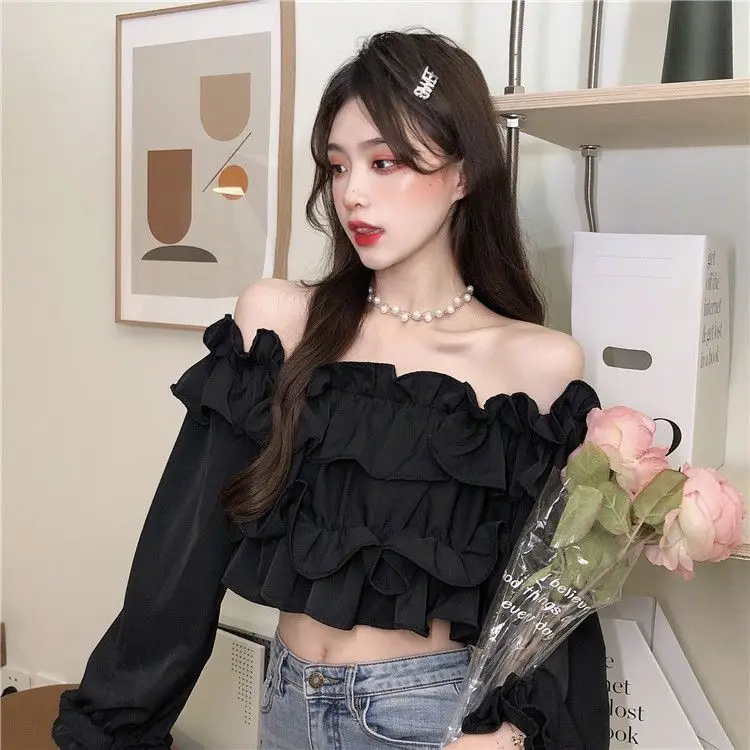 Ruffle Off Shoulder Top Women Elegant Casual Chiffon Long Sleeve Blouse Chic Korean Sweet Spring Summer Crop Top