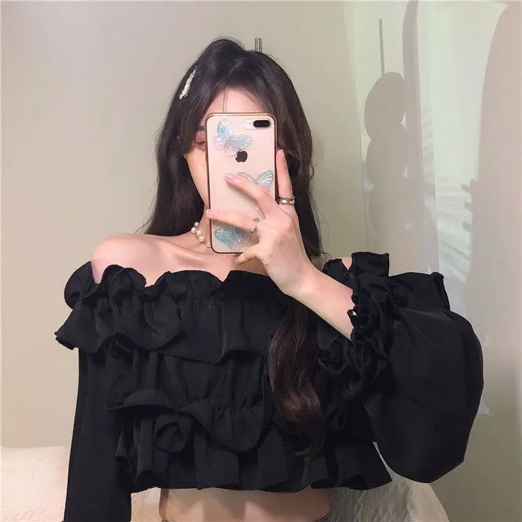 Ruffle Off Shoulder Top Women Elegant Casual Chiffon Long Sleeve Blouse Chic Korean Sweet Spring Summer Crop Top