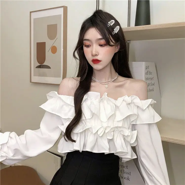 Ruffle Off Shoulder Top Women Elegant Casual Chiffon Long Sleeve Blouse Chic Korean Sweet Spring Summer Crop Top