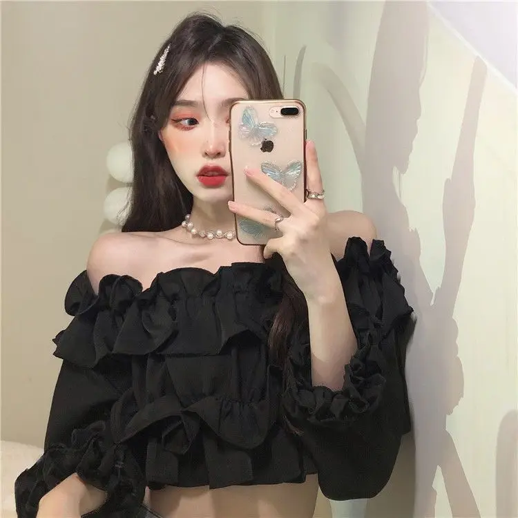 Ruffle Off Shoulder Top Women Elegant Casual Chiffon Long Sleeve Blouse Chic Korean Sweet Spring Summer Crop Top