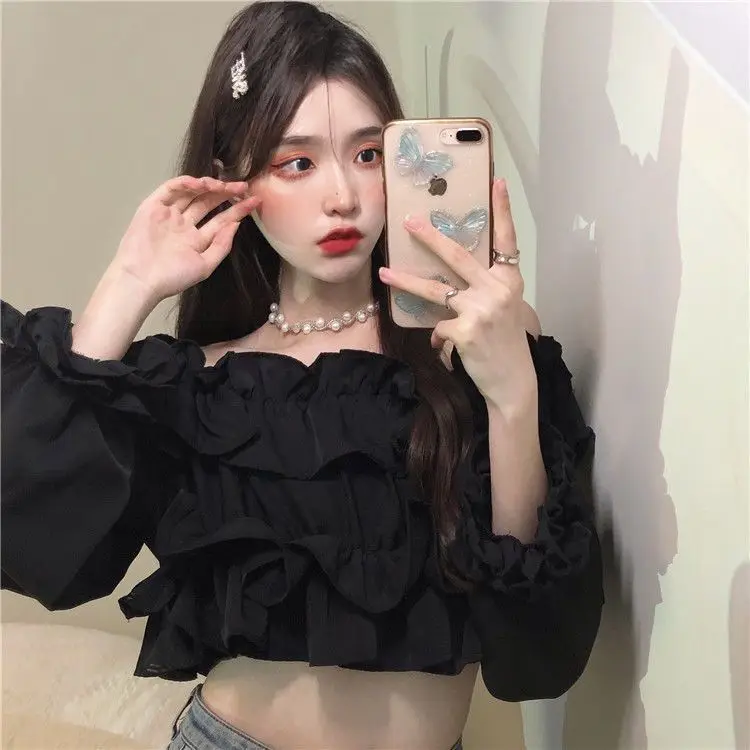 Ruffle Off Shoulder Top Women Elegant Casual Chiffon Long Sleeve Blouse Chic Korean Sweet Spring Summer Crop Top
