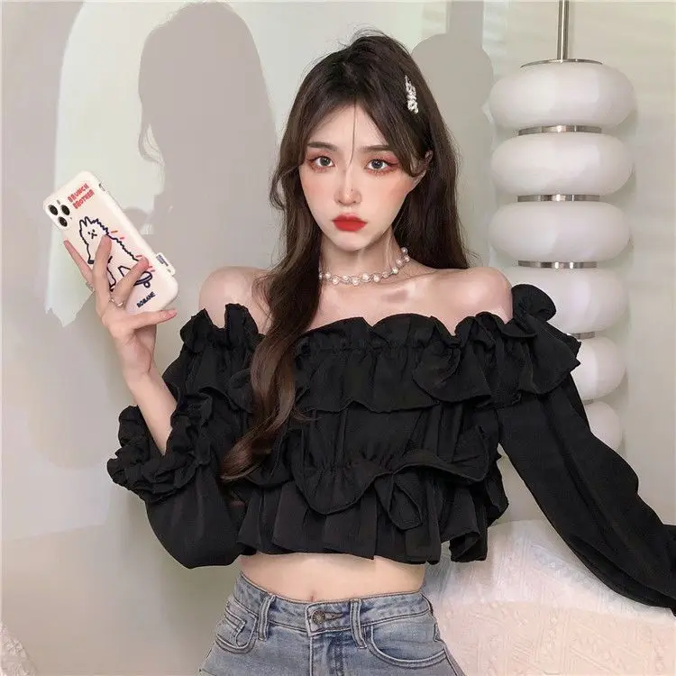 Ruffle Off Shoulder Top Women Elegant Casual Chiffon Long Sleeve Blouse Chic Korean Sweet Spring Summer Crop Top