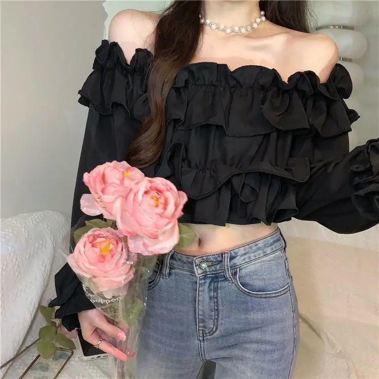 Ruffle Off Shoulder Top Women Elegant Casual Chiffon Long Sleeve Blouse Chic Korean Sweet Spring Summer Crop Top
