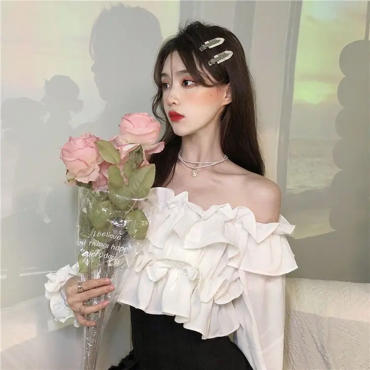 Ruffle Off Shoulder Top Women Elegant Casual Chiffon Long Sleeve Blouse Chic Korean Sweet Spring Summer Crop Top