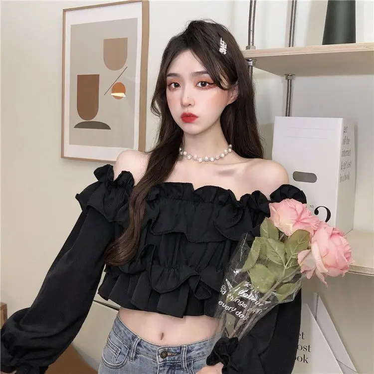 Ruffle Off Shoulder Top Women Elegant Casual Chiffon Long Sleeve Blouse Chic Korean Sweet Spring Summer Crop Top