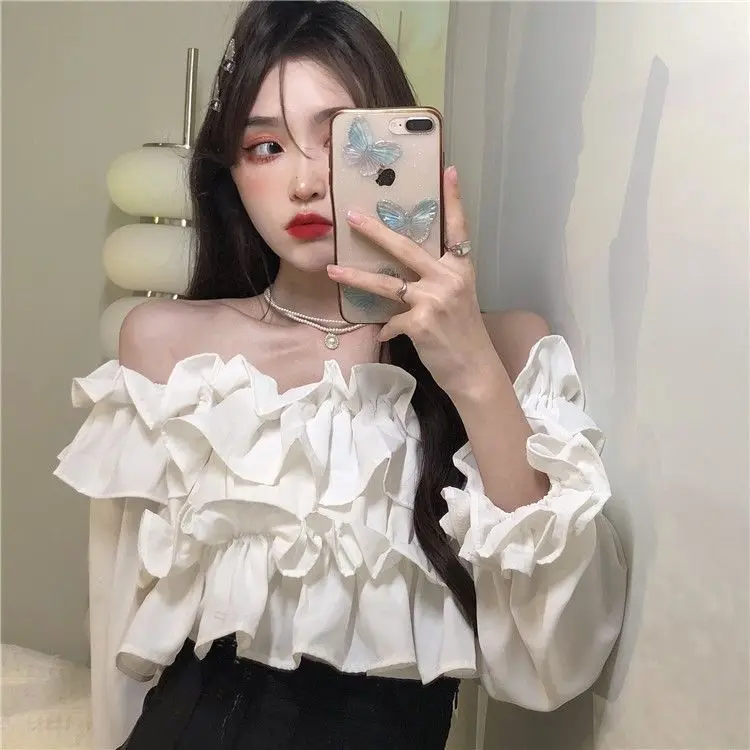Ruffle Off Shoulder Top Women Elegant Casual Chiffon Long Sleeve Blouse Chic Korean Sweet Spring Summer Crop Top