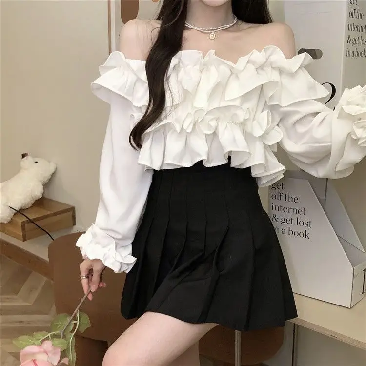 Ruffle Off Shoulder Top Women Elegant Casual Chiffon Long Sleeve Blouse Chic Korean Sweet Spring Summer Crop Top