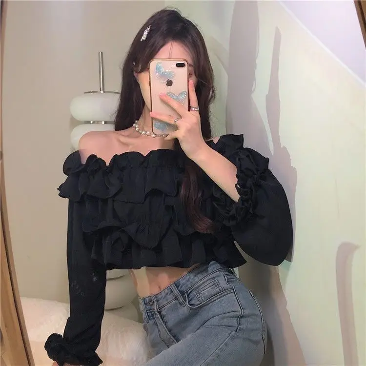 Ruffle Off Shoulder Top Women Elegant Casual Chiffon Long Sleeve Blouse Chic Korean Sweet Spring Summer Crop Top