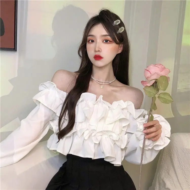 Ruffle Off Shoulder Top Women Elegant Casual Chiffon Long Sleeve Blouse Chic Korean Sweet Spring Summer Crop Top