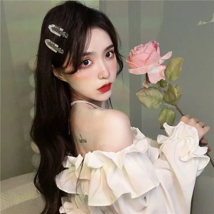 Ruffle Off Shoulder Top Women Elegant Casual Chiffon Long Sleeve Blouse Chic Korean Sweet Spring Summer Crop Top