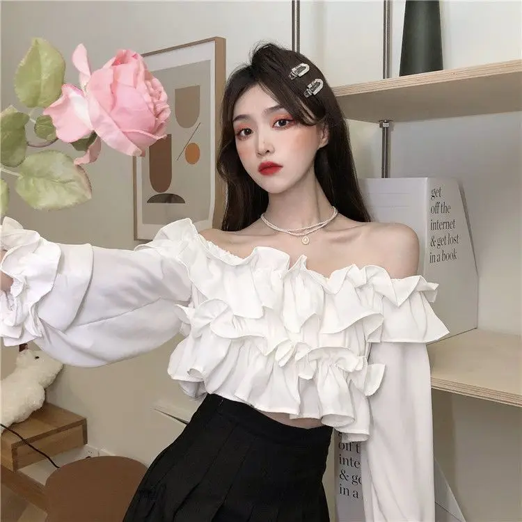Ruffle Off Shoulder Top Women Elegant Casual Chiffon Long Sleeve Blouse Chic Korean Sweet Spring Summer Crop Top