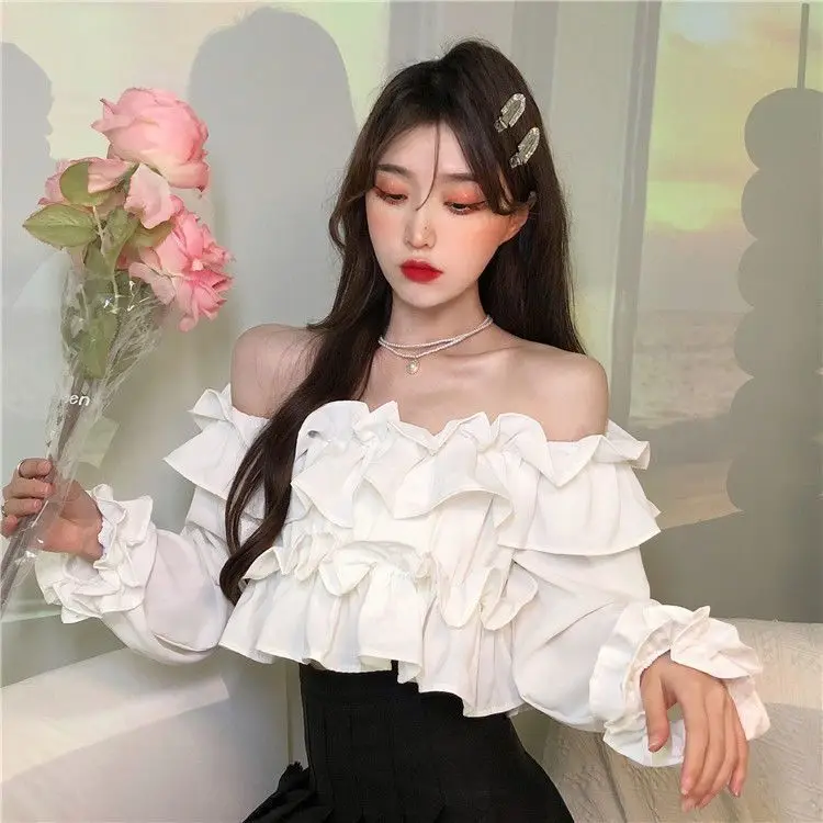 Ruffle Off Shoulder Top Women Elegant Casual Chiffon Long Sleeve Blouse Chic Korean Sweet Spring Summer Crop Top