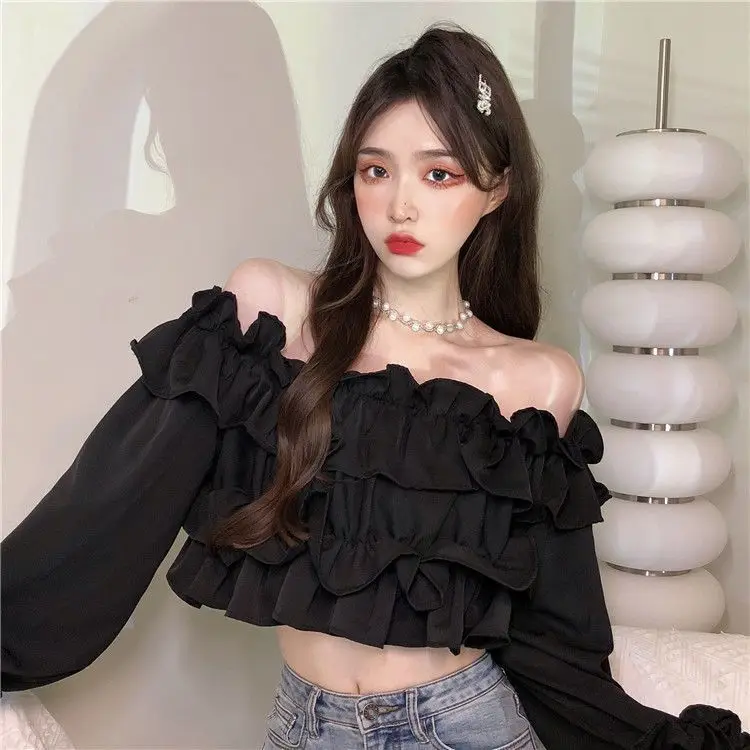 Ruffle Off Shoulder Top Women Elegant Casual Chiffon Long Sleeve Blouse Chic Korean Sweet Spring Summer Crop Top