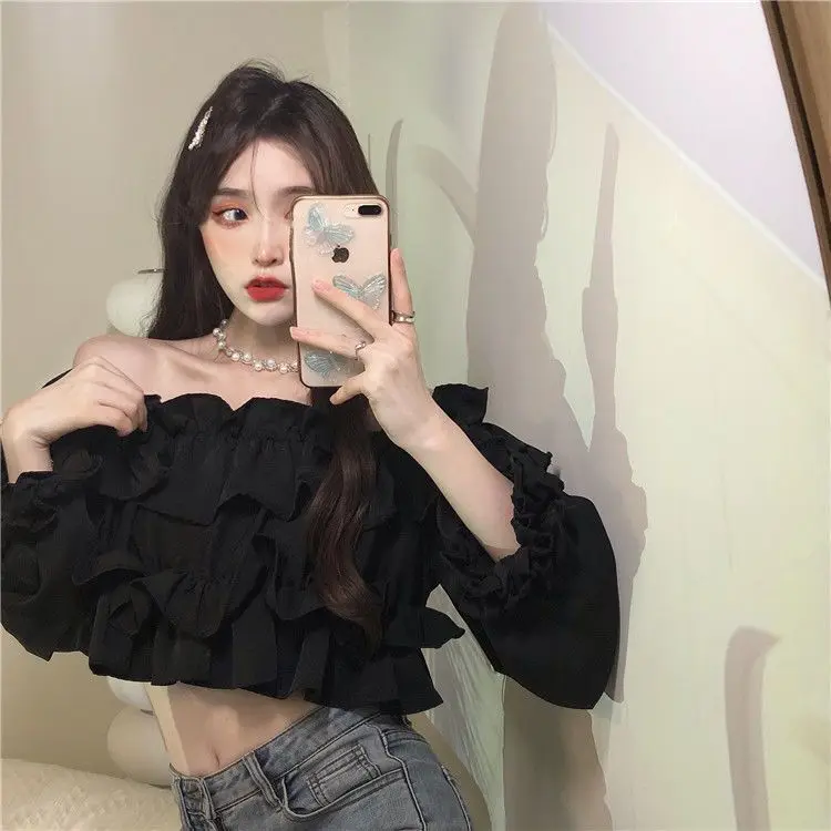 Ruffle Off Shoulder Top Women Elegant Casual Chiffon Long Sleeve Blouse Chic Korean Sweet Spring Summer Crop Top