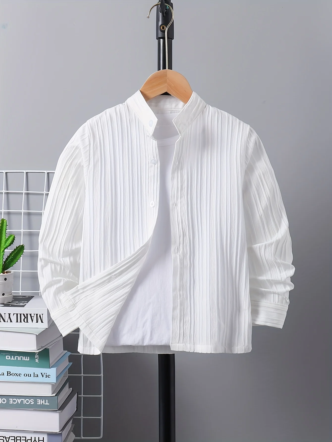 Boys' Spring/Summer Fall Collared Long-Sleeve Wave Stripe Shirt, Fashionable Versatile Outerwear, School Style Back-To-School Trendy Solid Color Ribbed Comfortable Trendy Shirt