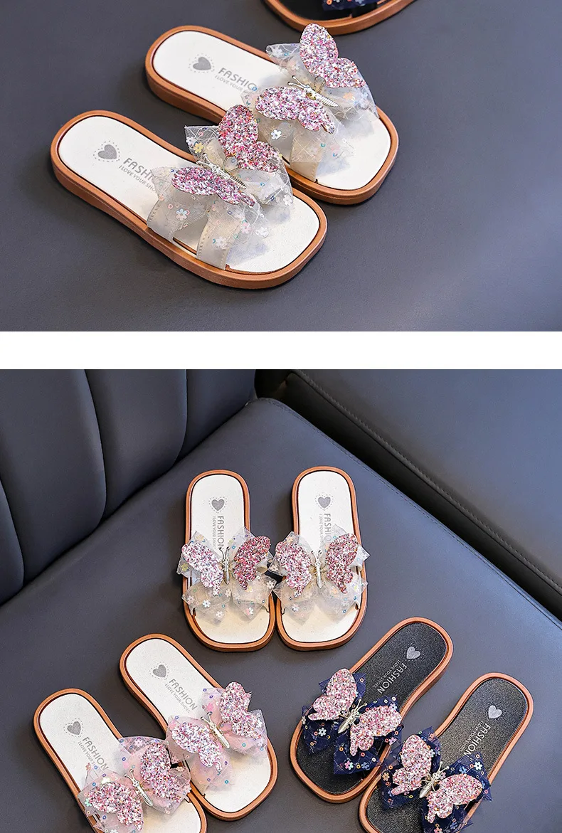 2026 Children's Summer Butterfly Knot Beach Sandals Plastic Slip-On Home Slippers Anti-Slip Beachwear Girls Flip Flops