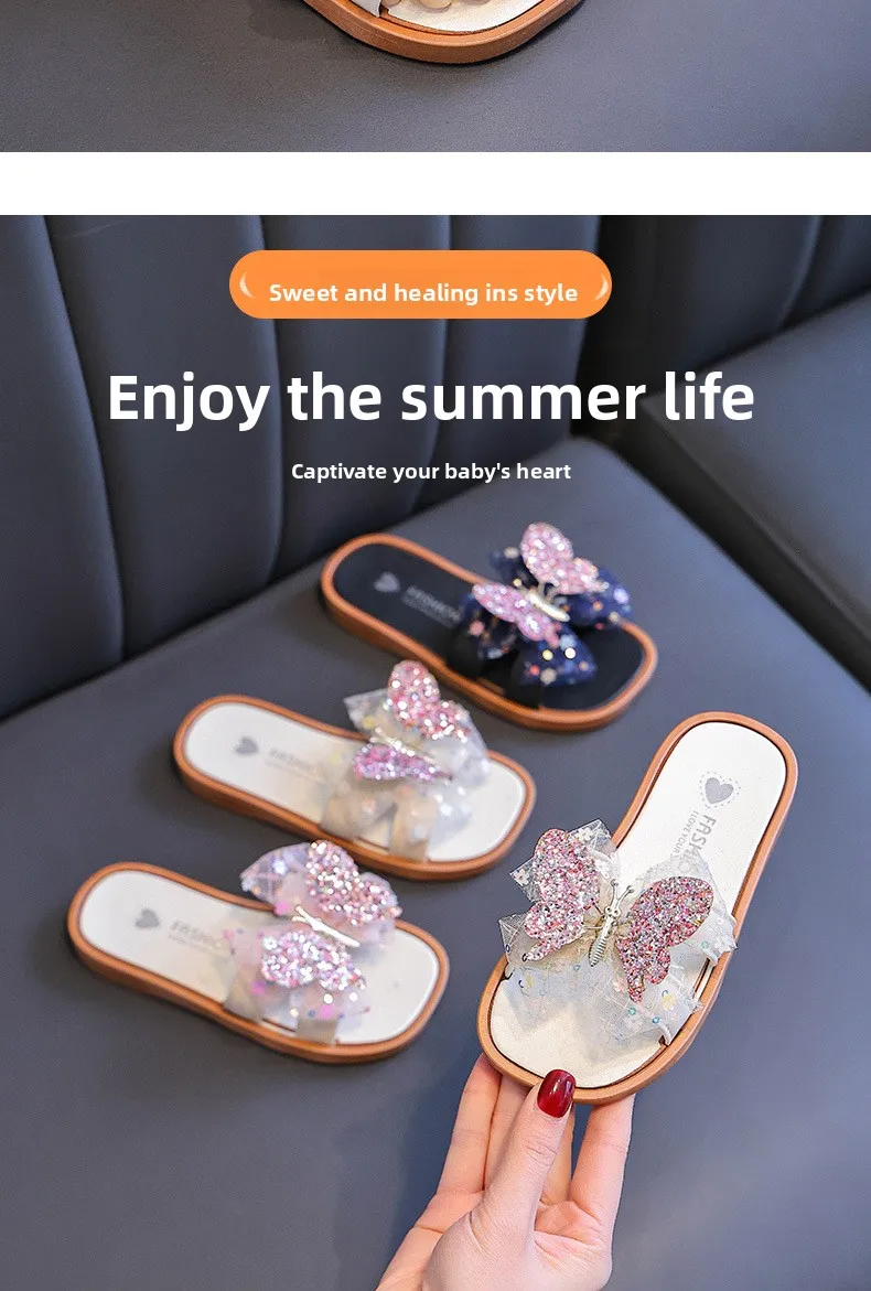 2026 Children's Summer Butterfly Knot Beach Sandals Plastic Slip-On Home Slippers Anti-Slip Beachwear Girls Flip Flops