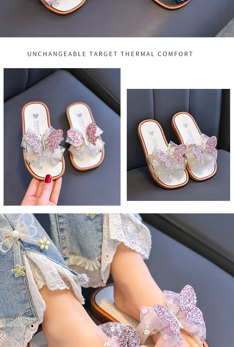 2026 Children's Summer Butterfly Knot Beach Sandals Plastic Slip-On Home Slippers Anti-Slip Beachwear Girls Flip Flops