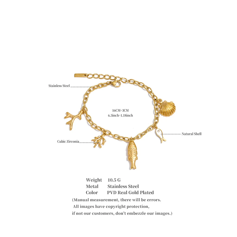 Yhpup Ocean Style Stainless Steel Chain Fish Shell Drop Bracelet Bangle 16K Golden PVD Plated Waterproof Summer Trendy Jewelry