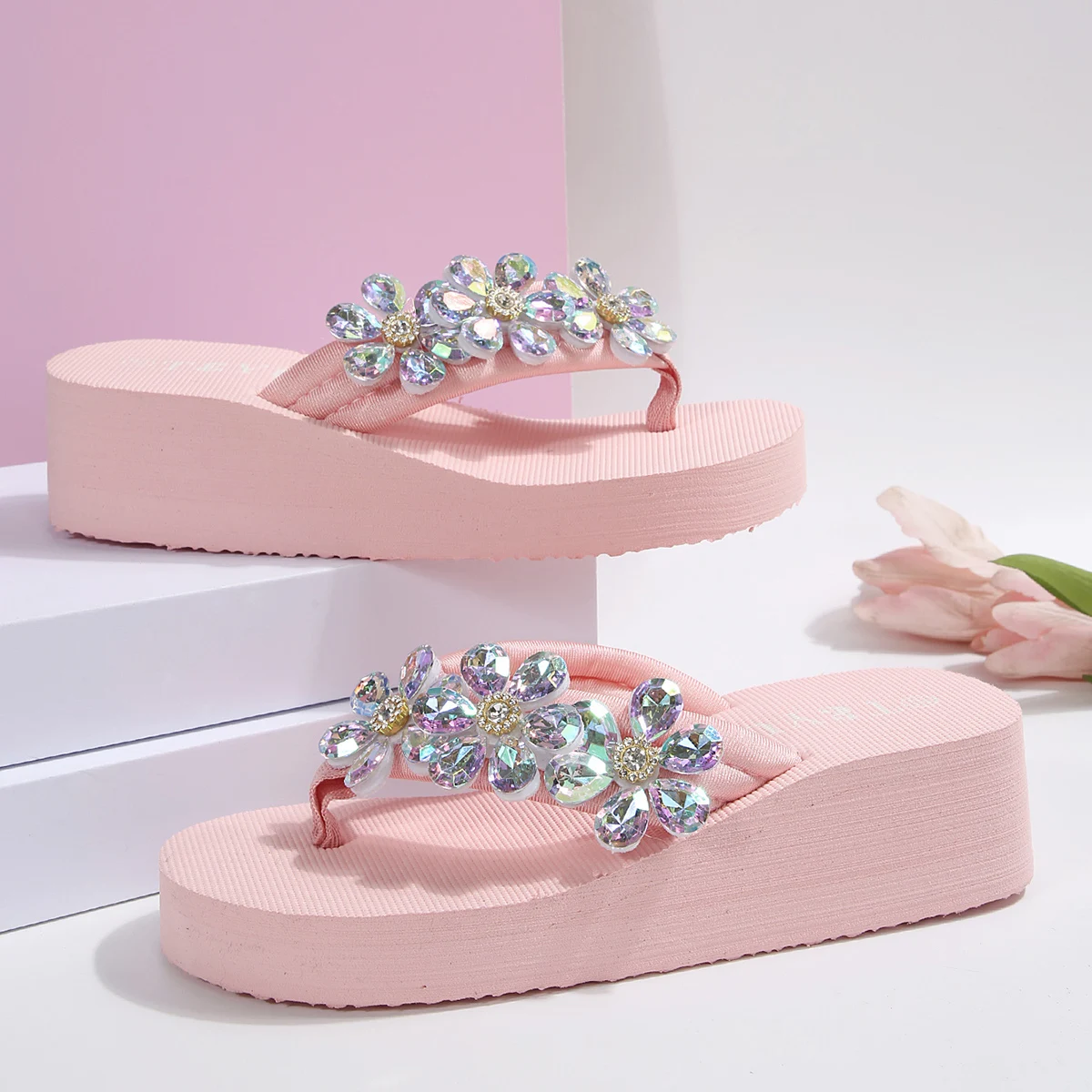 Pink Crystal Flower Wedge Heels Flip Flops Women Platform Clip Toe Beach Sandals Woman 2026 Fashion Plus Size 36-42 EVA Slippers