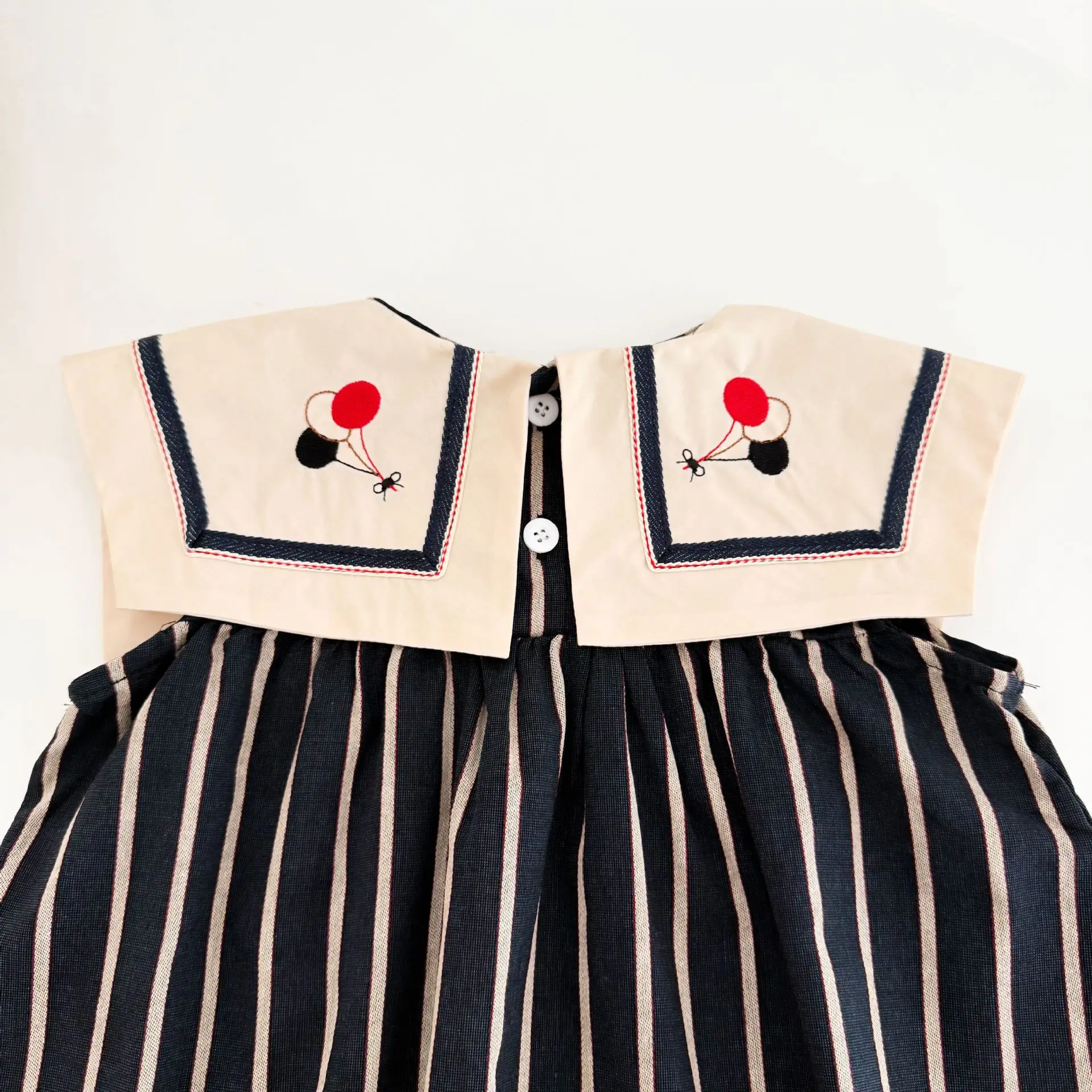 Girls' Striped Embroidered Lapel Sleeveless Dress, Spring and Autumn Circus Pattern Princess Dress, Retro Style Children's Dress