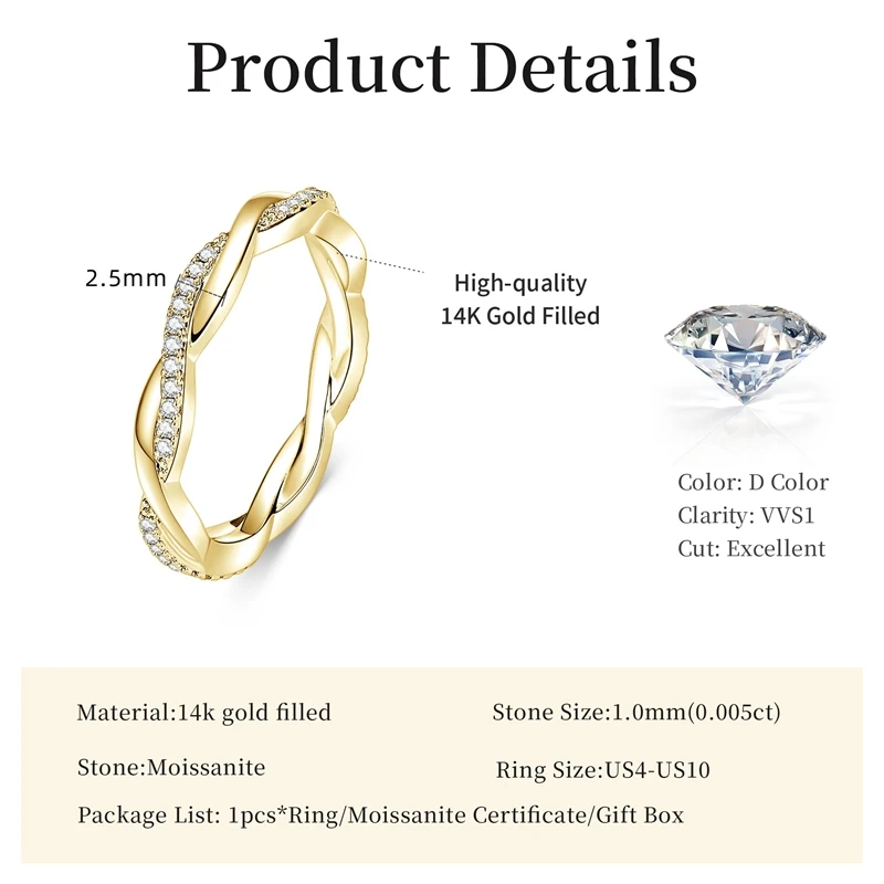Lnngy Moissanite Twisted Engagement Ring for Women 14K Gold Filled Eternity Wedding Rings Sparkling Finger Jewelry Gift