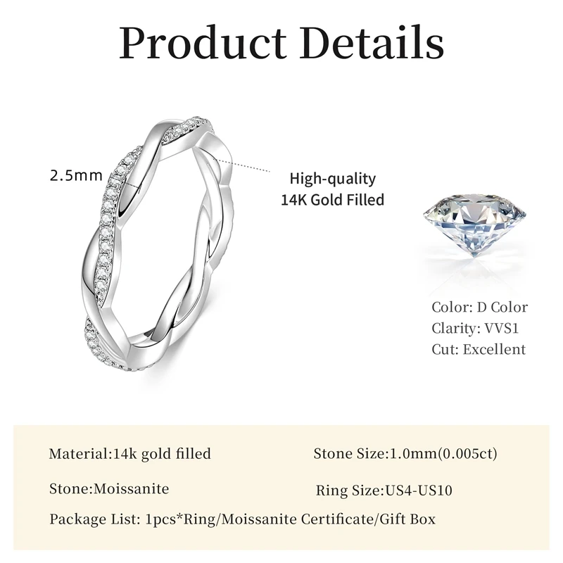 Lnngy Moissanite Twisted Engagement Ring for Women 14K Gold Filled Eternity Wedding Rings Sparkling Finger Jewelry Gift