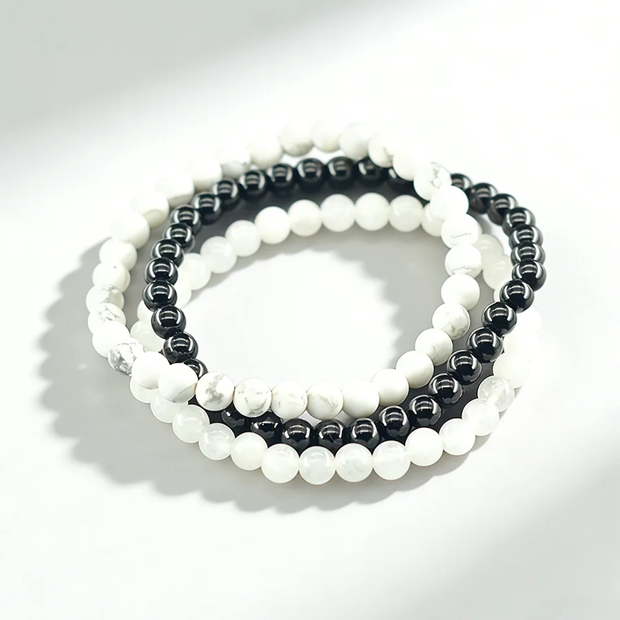 6mm White Jade Natural Stone Beads Bracelet for Women 3 Pcs/Set Howlite Obsidian Jewelry Set Minimalist Style Gift Bundle Sale
